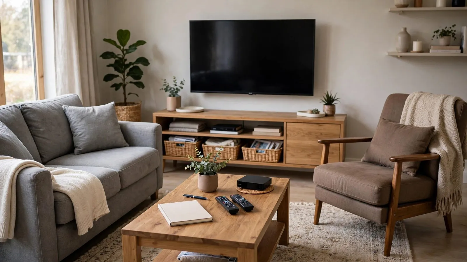 Residential living room space showing a sofa arranged across from a powered-down television.