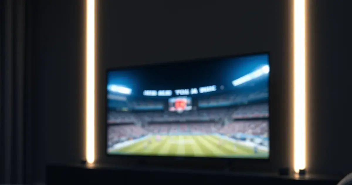 Apple TV 4K device and Siri Remote on a dark media console with a glowing 4K sports broadcast lighting a dim living room