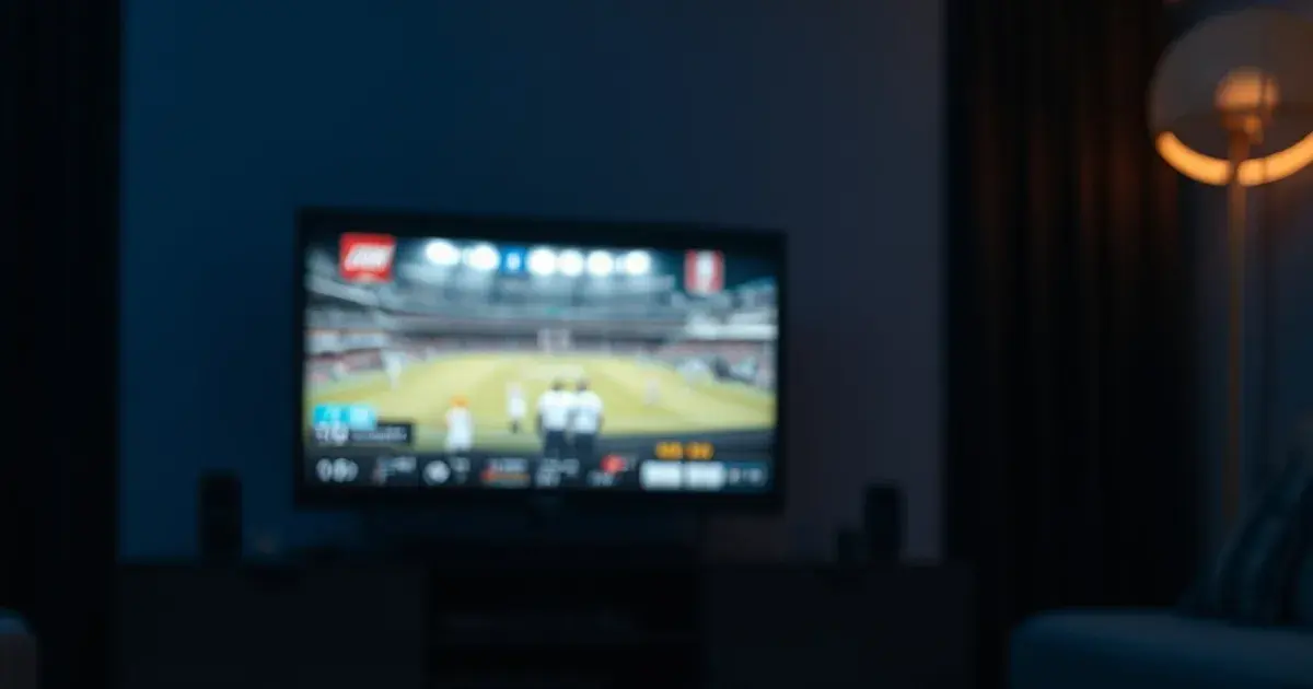 A Chromecast-style streaming device connected via HDMI and Ethernet cable to a TV displaying a live sports broadcast in a dark, softly lit living room
