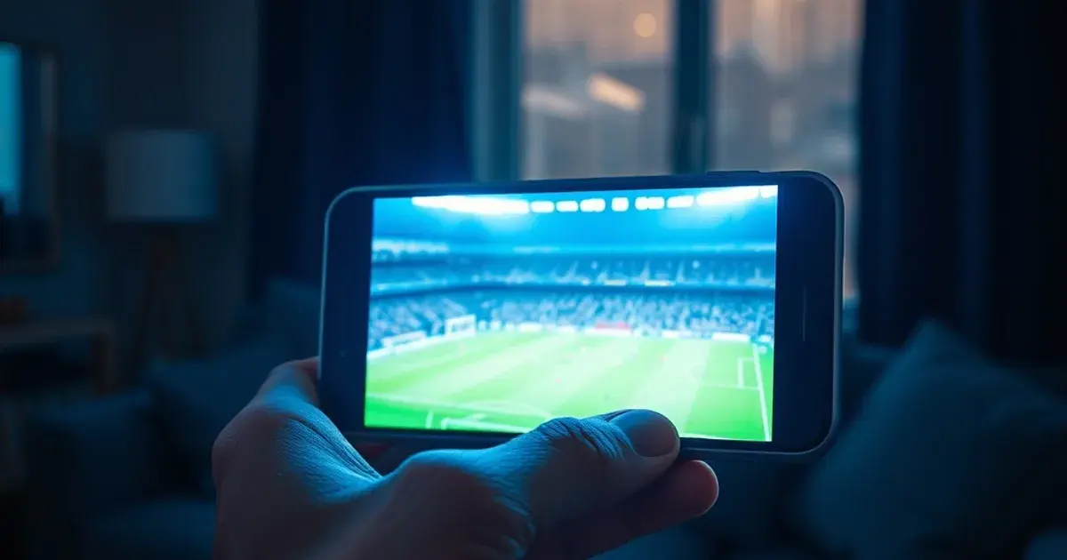 A hand holding a smartphone in a dim living room at night, the phone screen glowing brightly with a live 4K football match mid-play under stadium floodlights, soft blue-white light spilling onto the hand and a blurred sofa in the background, conveying an absorbed mobile viewer streaming late at night.