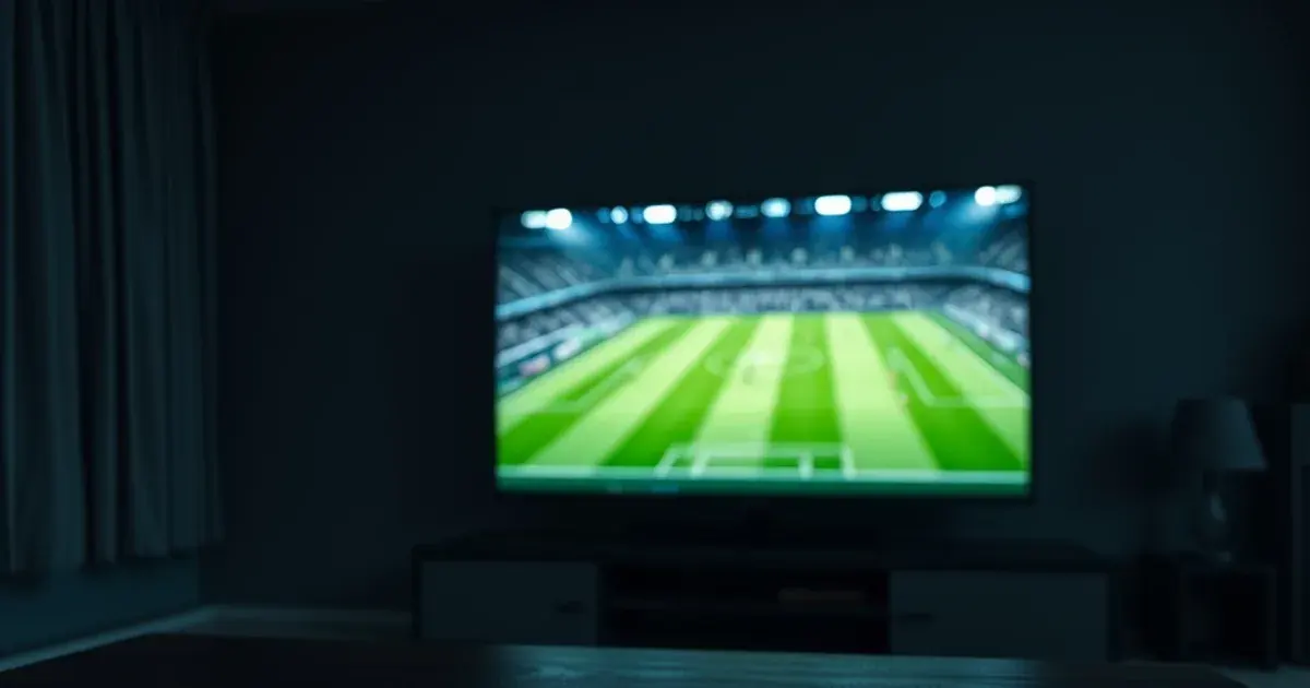A dark, modern living room at night with a large television glowing with a football match, a streaming remote and Ethernet cable visible on the coffee table in the foreground