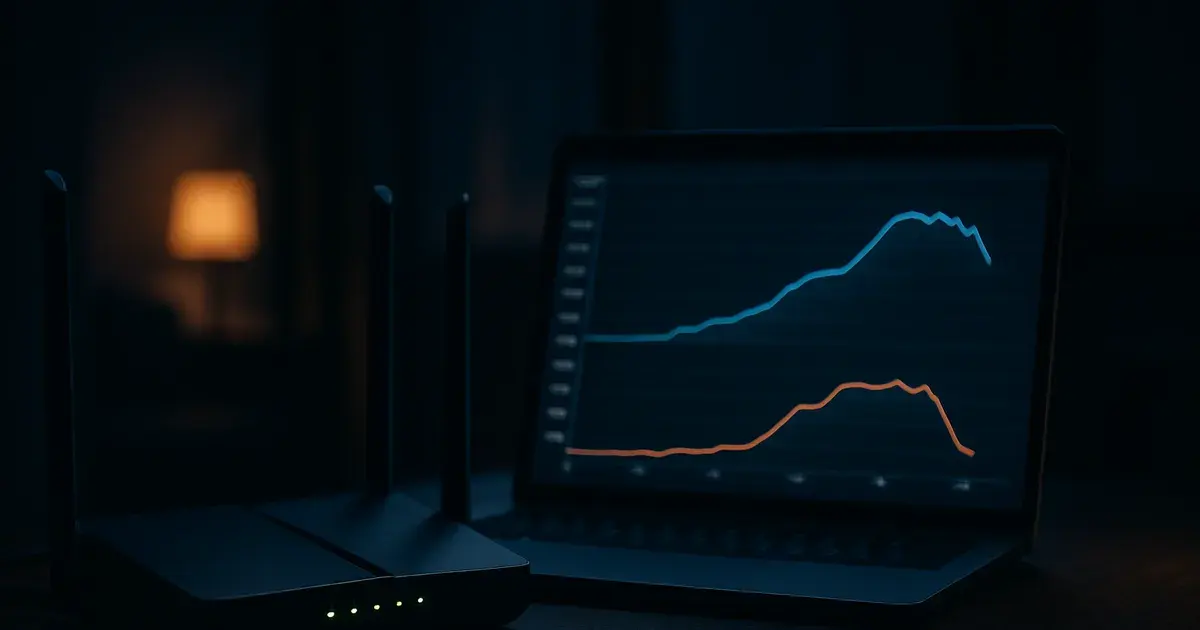 A router with glowing lights beside a laptop displaying a network speed comparison graph, in a dark, moody home office at night