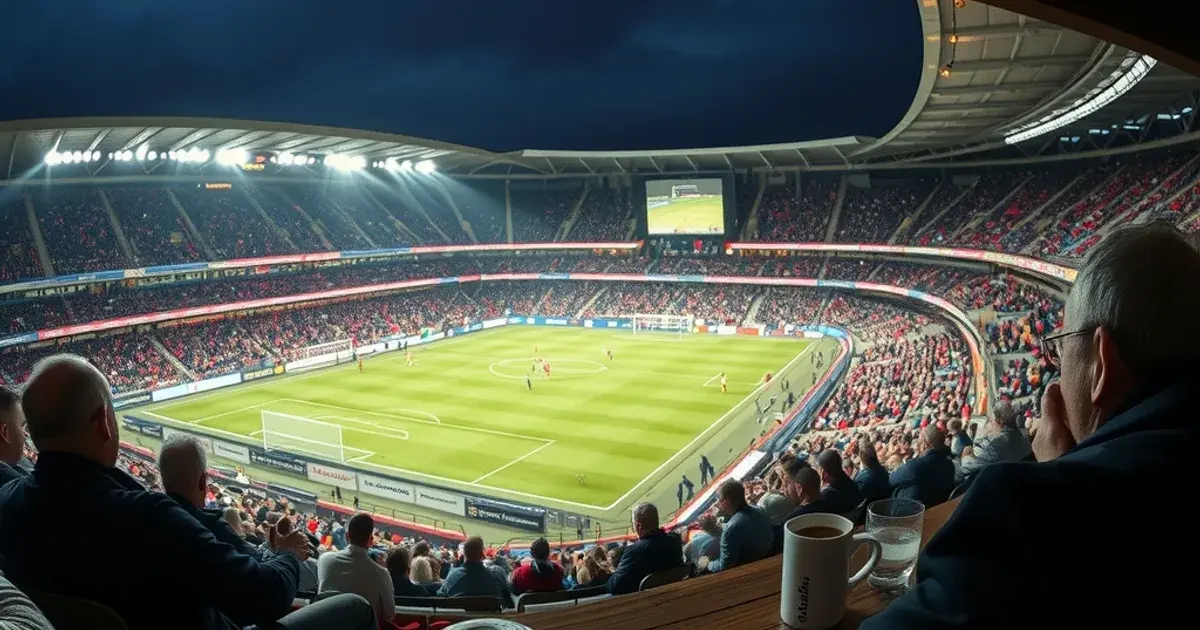 Mörkt svenskt vardagsrum en fredagskväll, en stor skärm lyser upp soffan med en direktsänd Bundesliga-match på en fullsatt, floodlit arena, en fjärrkontroll och en kopp kaffe på soffbordet